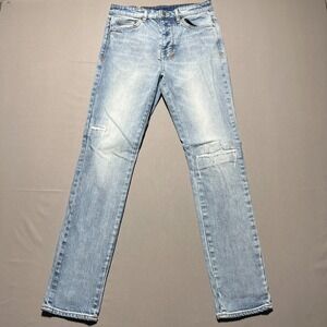 Kusbi Men's Light Blue‎ Button Fly Distressed Straight Leg Denim Jeans Size 29